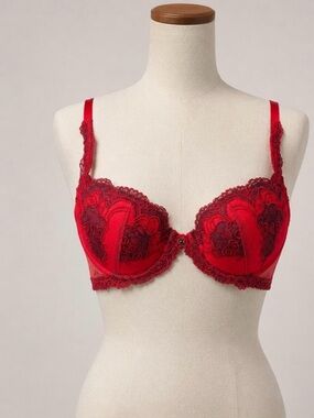 Liz Claiborne Red Lace Underwire Bra with Black Embroidery
